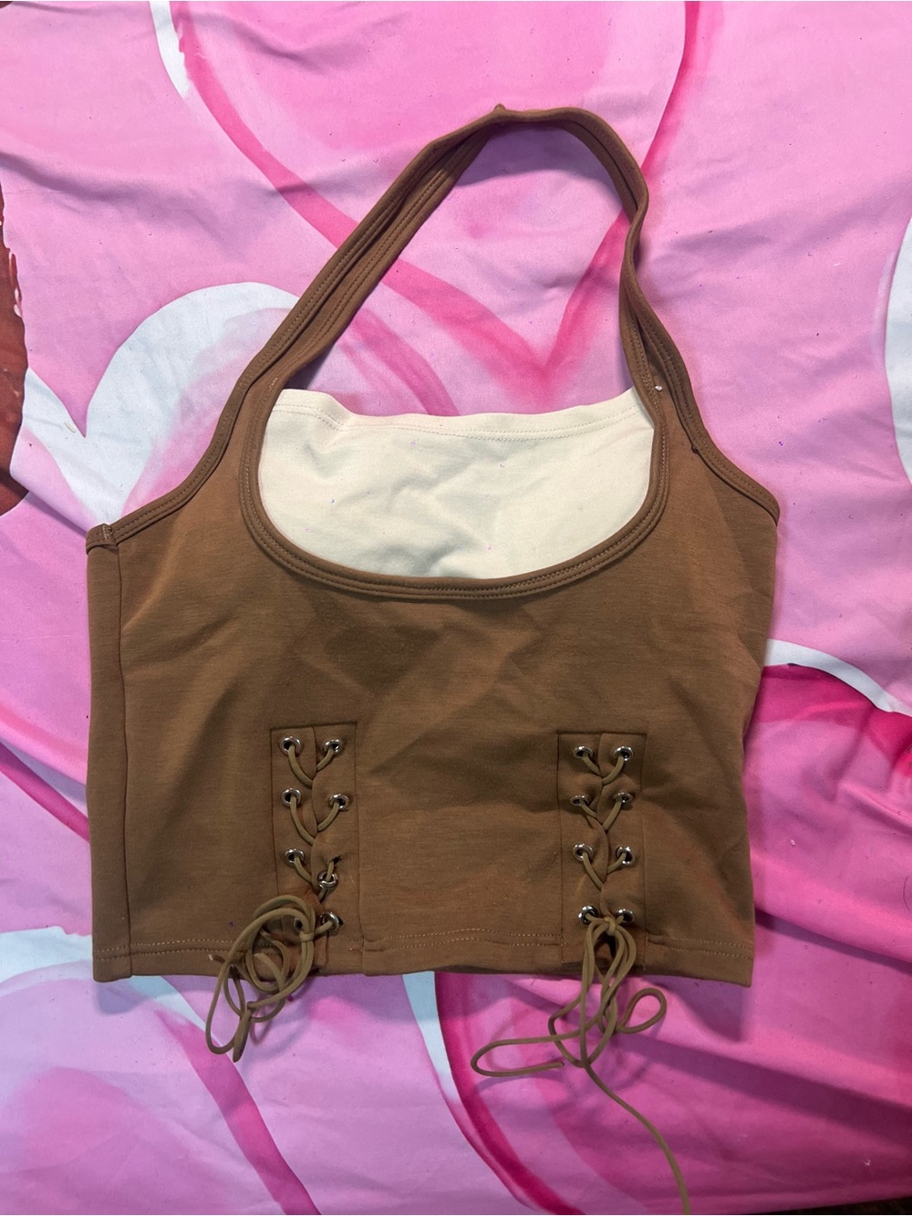 Brown Lace-Up Halter Crop Top - Women